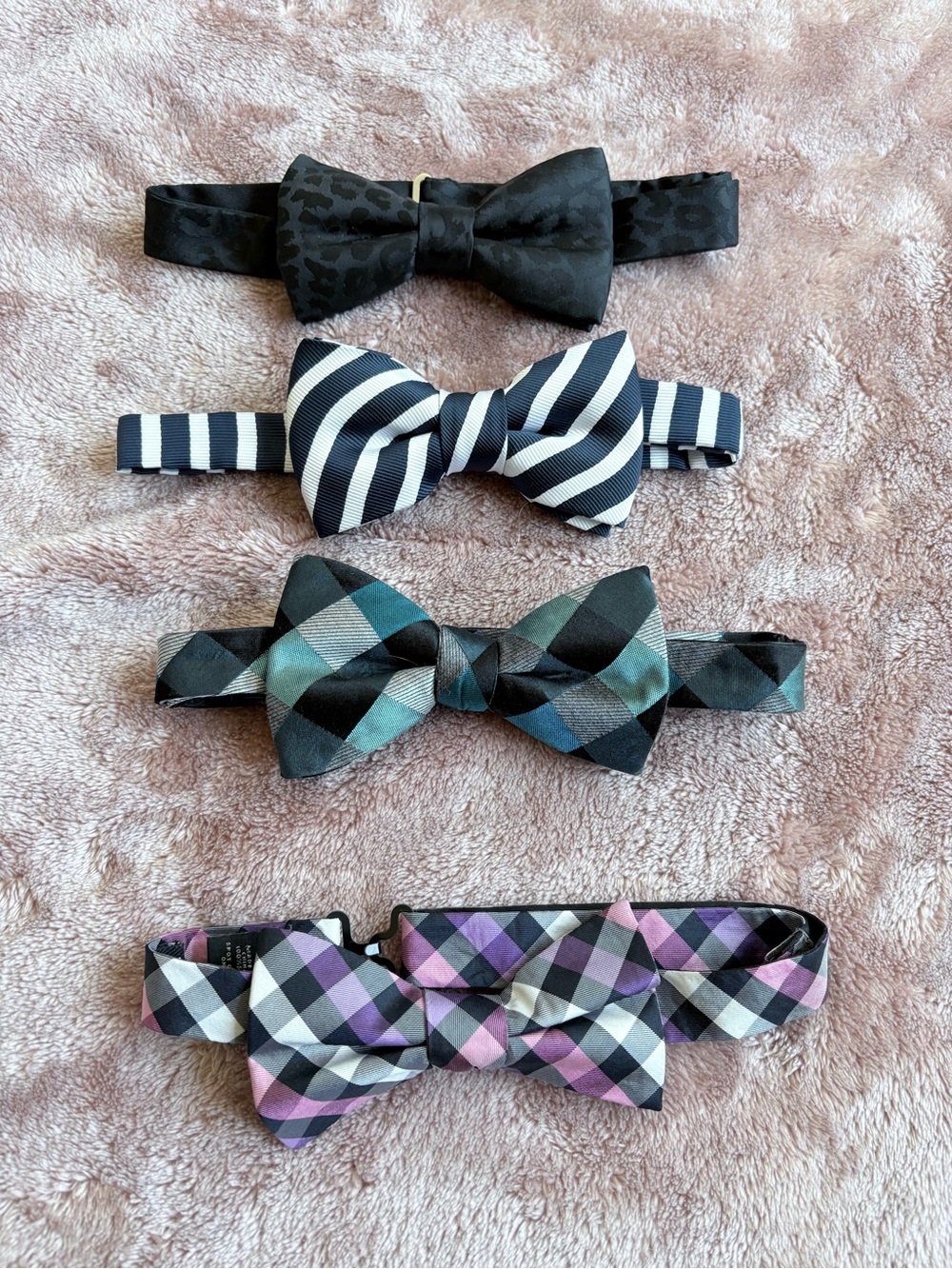 4 Men’s Bow Ties Pre-Tied Adjustable - Striped Plaid, and Black Pattern